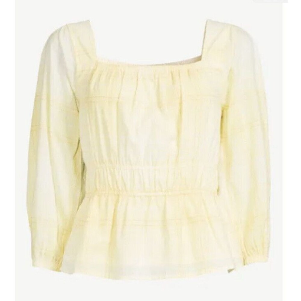 Free Assembly 3/4 Sleeve Square Neck Top Peplum Hem Cadmium Yellow Plaid Size XL